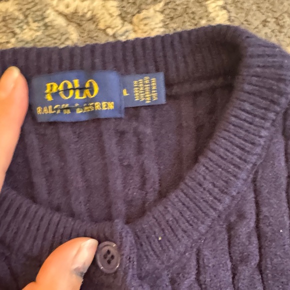 Ralph Lauren Navy Cable-Knit Crewneck Cardigan with Yellow Pony - Picture 2 of 3